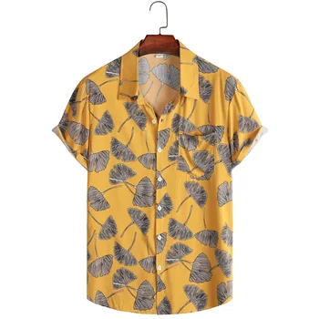 Мужская быстросохнущая пляжная рубашка с коротким рукавом и цветочным принтом, желтая Гавайская повседневная рубашка с принтом в виде листьев гинкго