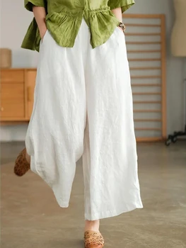 2023 Летние Женские широкие брюки Корейская мода Прямые брюки из хлопка и льна Повседневные Свободные Женские брюки длиной до щиколоток