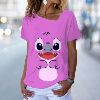 Женская модная Свободная футболка с принтом Disney Stitch, Уличная Элегантная Повседневная футболка с коротким рукавом, женская Темпераментная футболка С V-образным вырезом