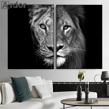 Черно-белый настенный художественный плакат с дикими животными, плакаты со львицами, печать на холсте, скандинавские настенные панно, декор для гостиной