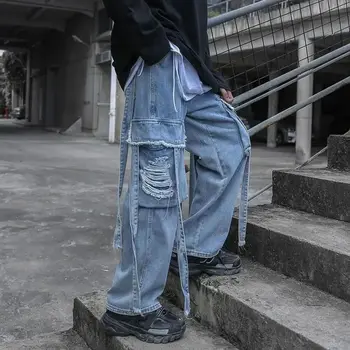 Винтажные джинсы Harajuku, Свободные карманы, широкие брюки, Модные брюки оверсайз с отверстиями для ленты, карго, Корейский стиль, повседневный