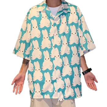 Летние мужские гавайские рубашки на пуговицах в стиле хип-хоп, пляжная рубашка с изображением забавного Кролика, блузки, уличная мода, Повседневные Свободные рубашки